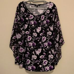 Roz & Ali 3X Floral Top with Sheer Sleeves